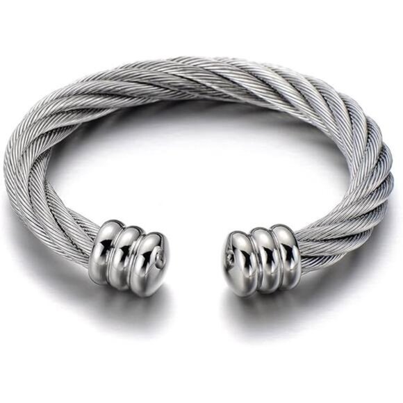 COOLSTEELANDBEYOND Large Elastic Adjustable Steel Twisted Wire Cuff Bangle - Picture 7 of 7